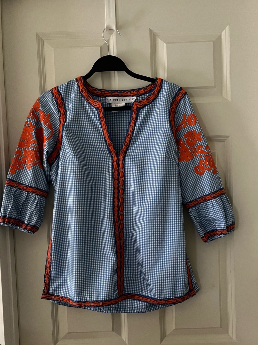 Gretchen Scott Gingham Embroidered Tunic Top Blue Orange V-Neck Boho 3/4 Sleeve